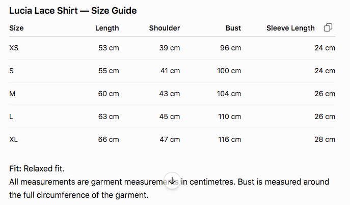 Lucia Lace Measurements